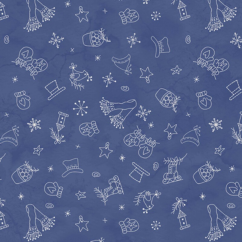Mottled dark blue fabric with a tossed pattern of white wintry motifs like snowflakes, mittens, ice skates, scarves, and more.