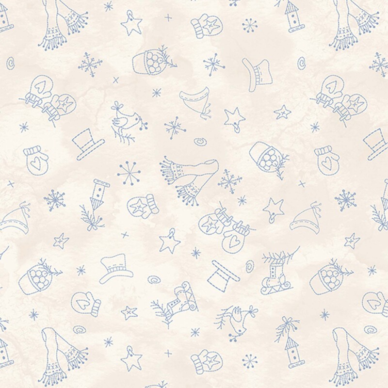 Mottled cream fabric with a tossed pattern of light blue wintry motifs like snowflakes, mittens, ice skates, scarves, and more.