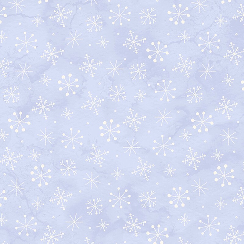 Mottled powder blue fabric with a scattered design of white snowflakes.