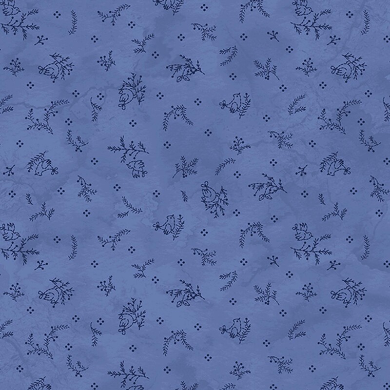 Mottled dark blue fabric with a tossed pattern of navy blue pine boughs, birds, and groups of dots.