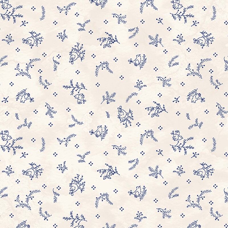 Mottled cream fabric with a tossed pattern of navy blue pine boughs, birds, and groups of dots.