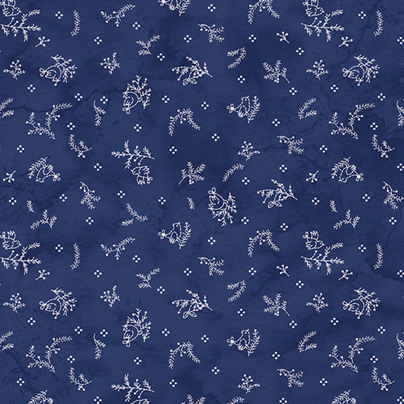 Mottled navy blue fabric with a tossed pattern of white pine boughs, birds, and groups of dots.