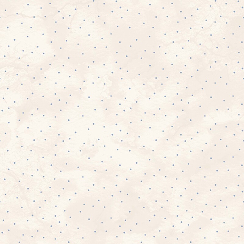 Mottled cream fabric with a scattered pattern of powder blue dots.