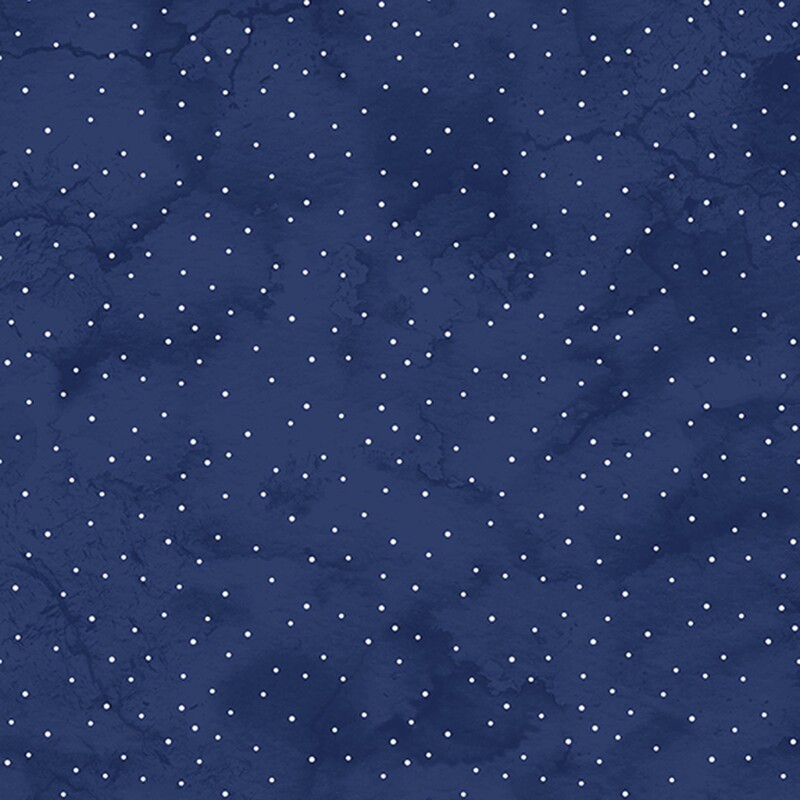 Mottled navy blue fabric with a scattered pattern of white dots.
