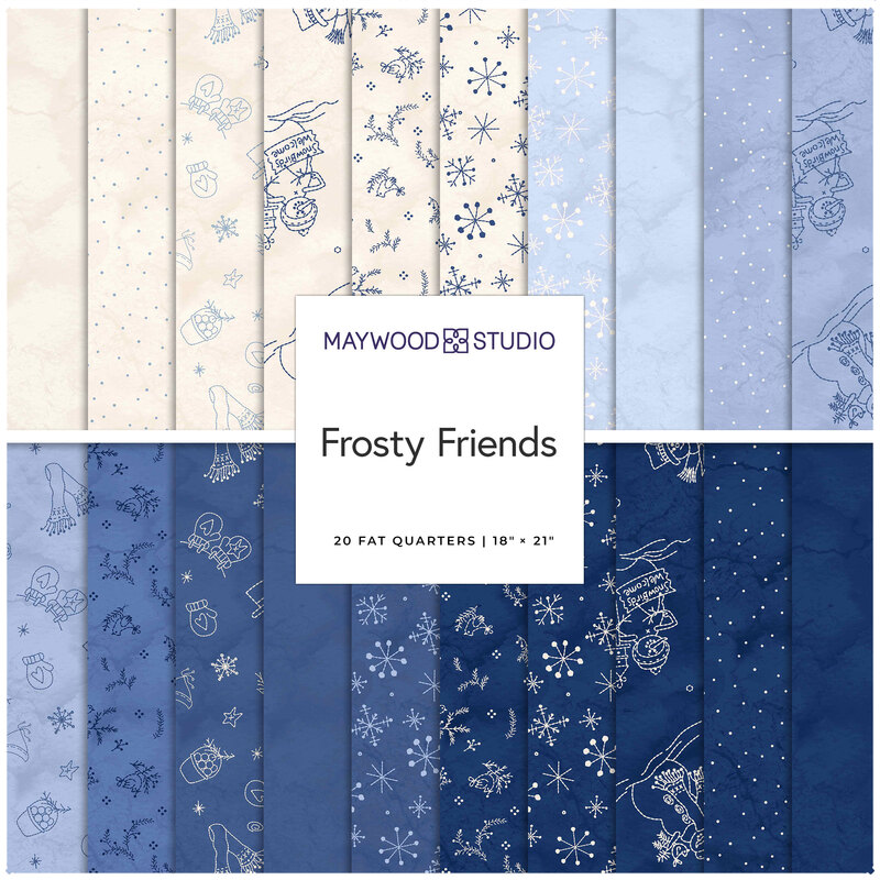 Digital collage of the Christmas-themed Fat Quarter Bundle from the Frosty Friends fabric collection.