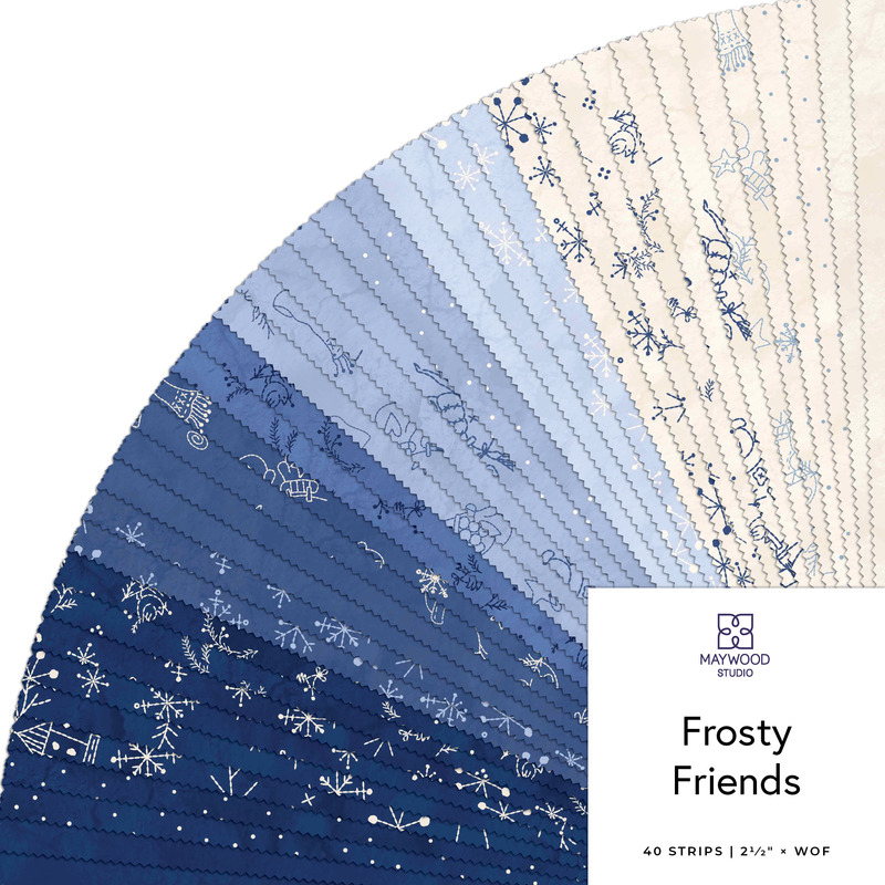 Digital fanned collage of the Christmas-themed 2.5" Strip Roll Bundle from the Frosty Friends fabric collection.