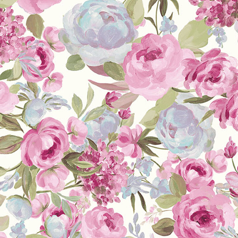 Cream fabric with large clusters of floral blossoms.