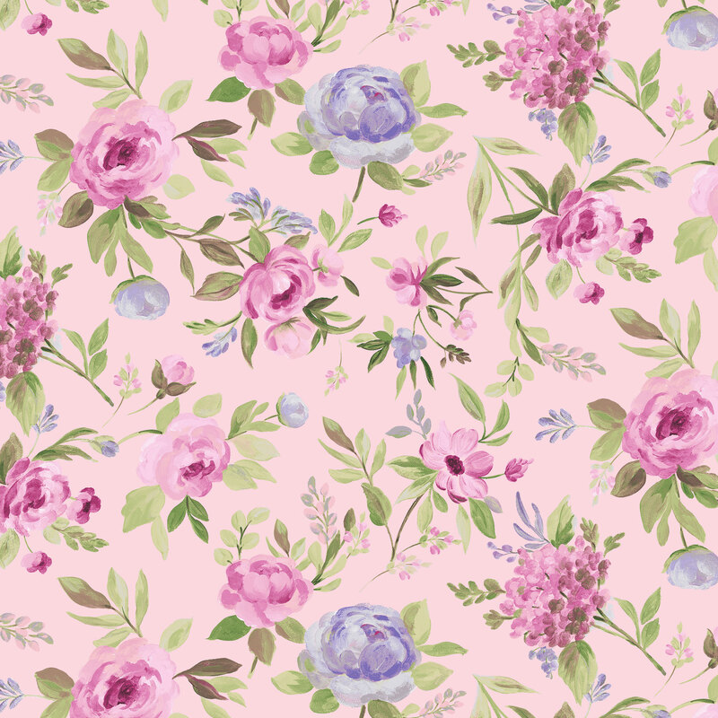 Pink fabric with tossed pink and blue blooms and sprigs of leaves.