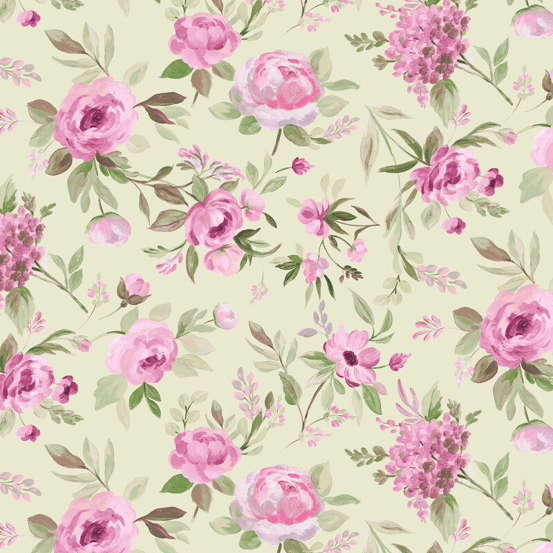 Green fabric with tossed pink blooms and sprigs of leaves.