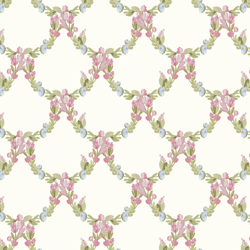 Cream fabric with a delicate scalloped pink and blue floral pattern.