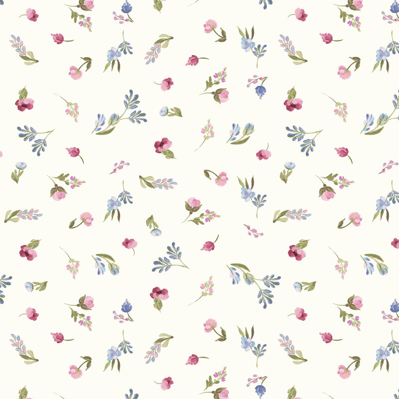 Cream fabric with tiny tossed floral blooms and leaf sprigs.