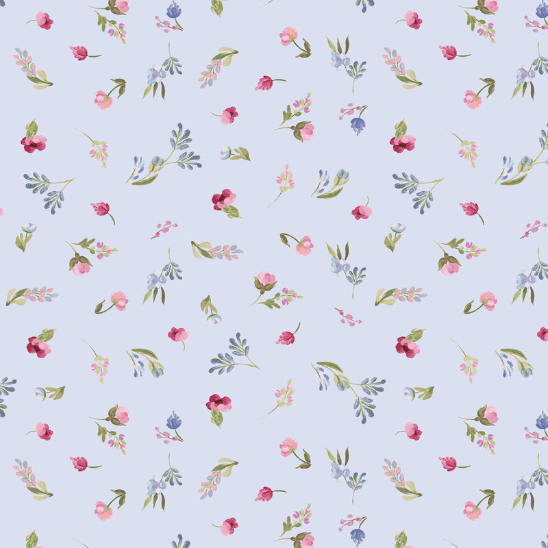 Periwinkle fabric with tiny tossed floral blooms and leaf sprigs.