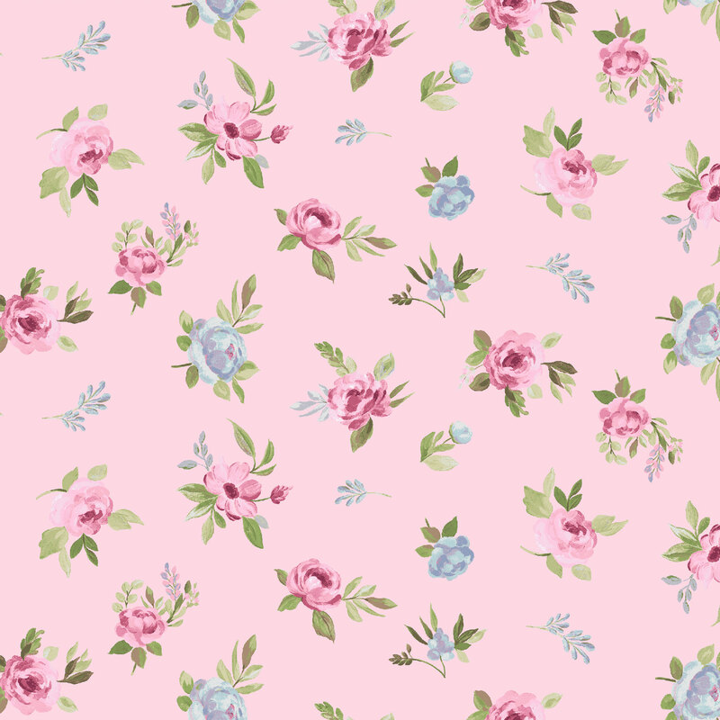 Pink fabric with tossed roses and other flowers.
