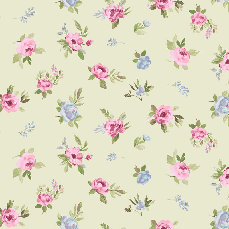 Light green fabric with tossed roses and other flowers.