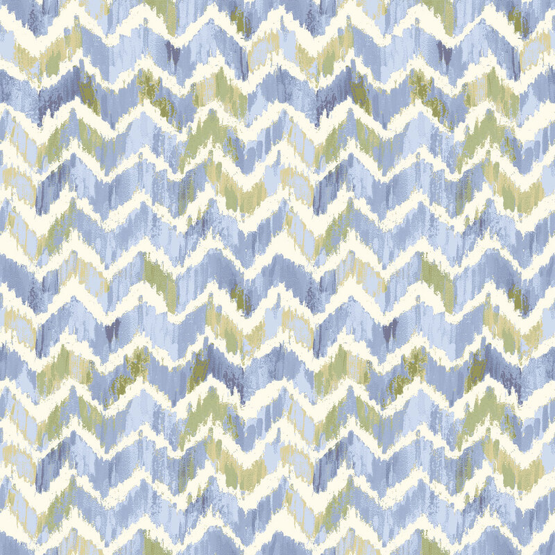 Blue and green textured chevron on a cream background.