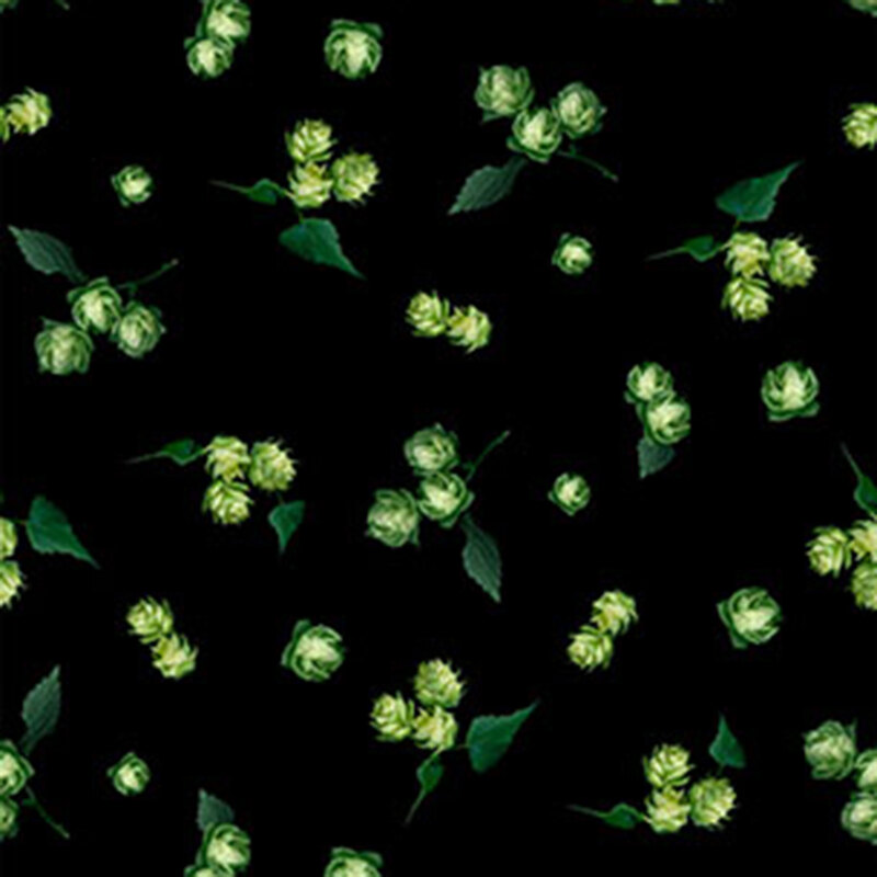 A black fabric with tossed sprigs of hops.