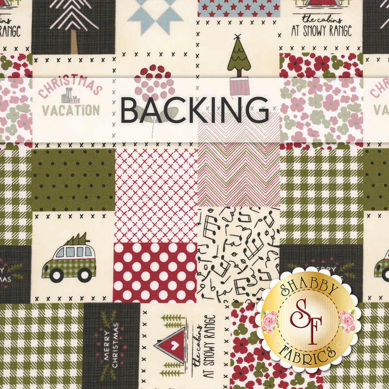 A swatch of fabric with a cream, green, red, and black patchwork square design featuring Christmas words and motifs; a transparent banner at the top reads "Backing." 