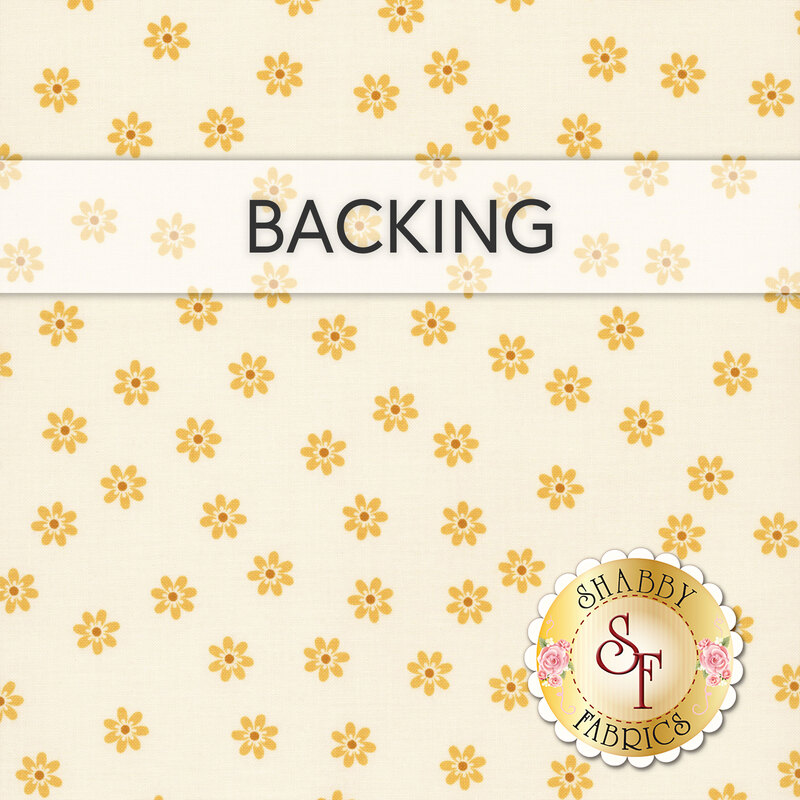 Cream swatch of fabric with tossed golden yellow daisies. A transparent banner at the top reads "Backing."