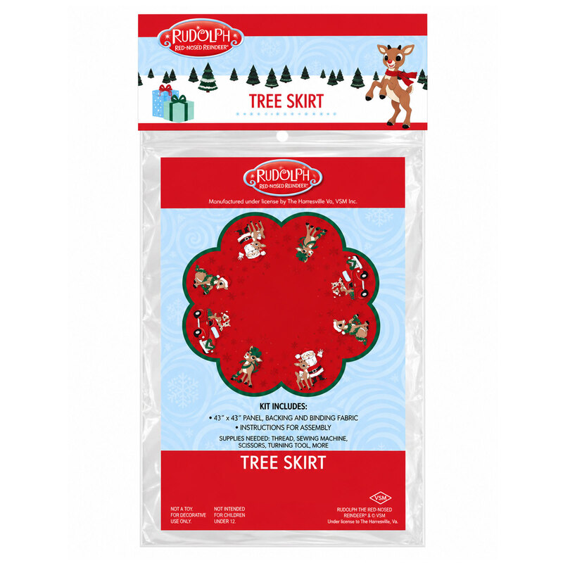 Rudolph the Red-Nosed Reindeer tree skirt kit package with festive holiday design.