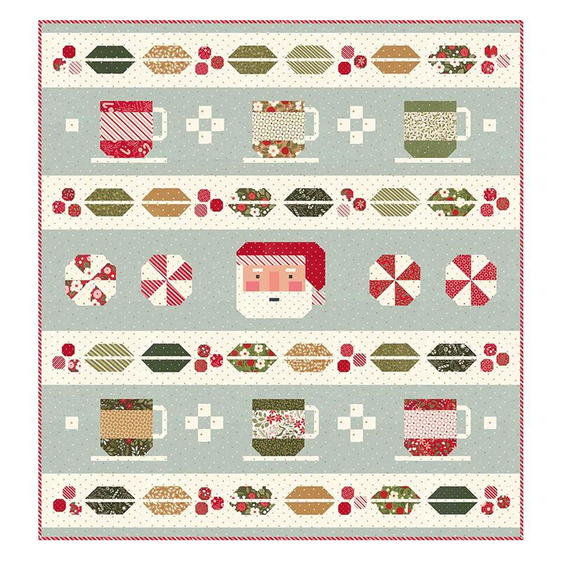 A digital mockup of the Cocoa Party Quilt kit featuring a patchwork peppermint candies, Santa, hot cocoa and holly leaves isolated on a white background.