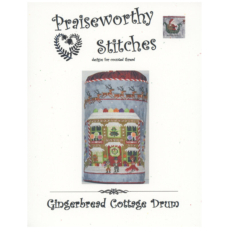 Front of the Gingerbread Cottage Drum cross stitch pattern showing the finished drum pin project
