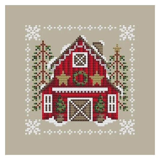 A digital mockup of the cross stitch project featuring a decorated red barn surrounded by tall trees and a white snowflake border.