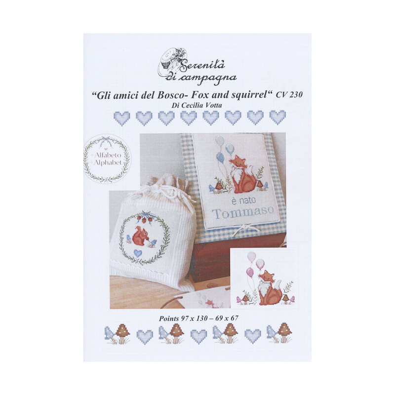 Front cover of the cross stitch pattern with the finished patterns stacked next to each other.