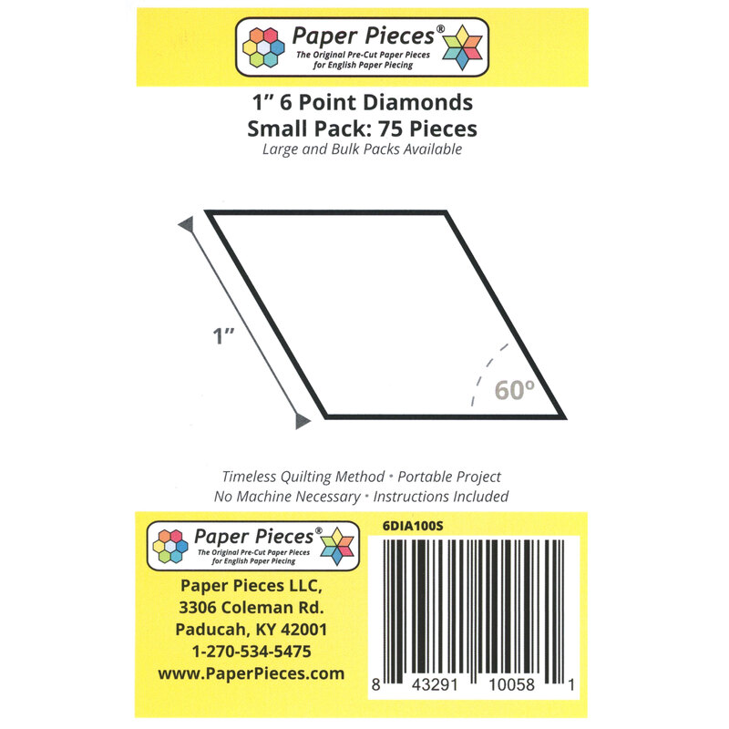 Black outline of a 1-inch diamond on a white background with product details and barcode.