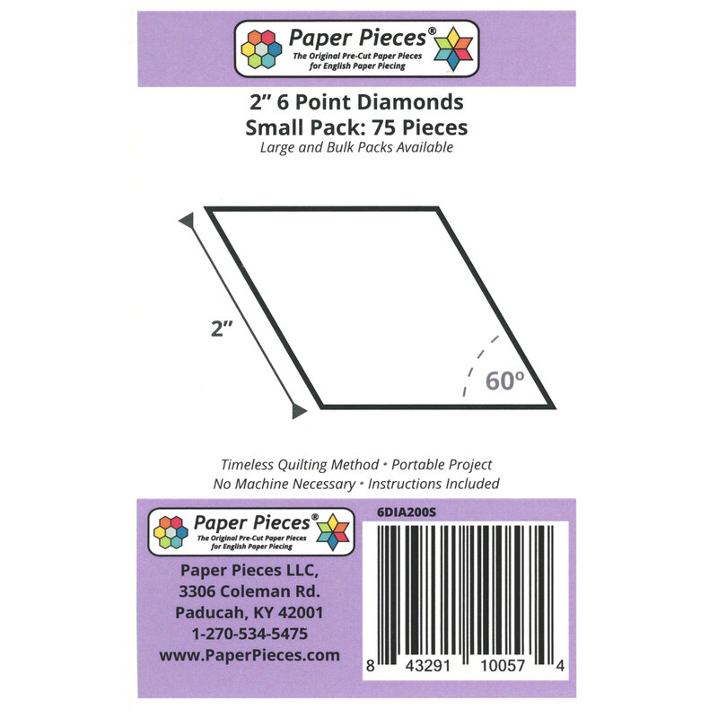 Black outline of a 2-inch diamond on a white background with product details and barcode.