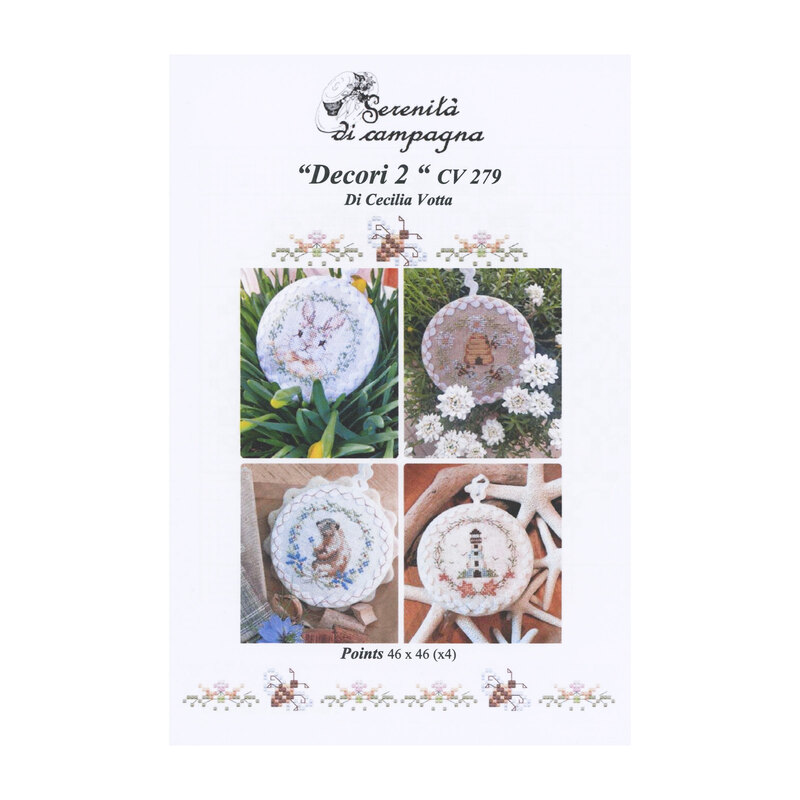 Front cover of the cross stitch pattern with the four finished patterns in their respective scenes of florals, grass, starfish, and wood.