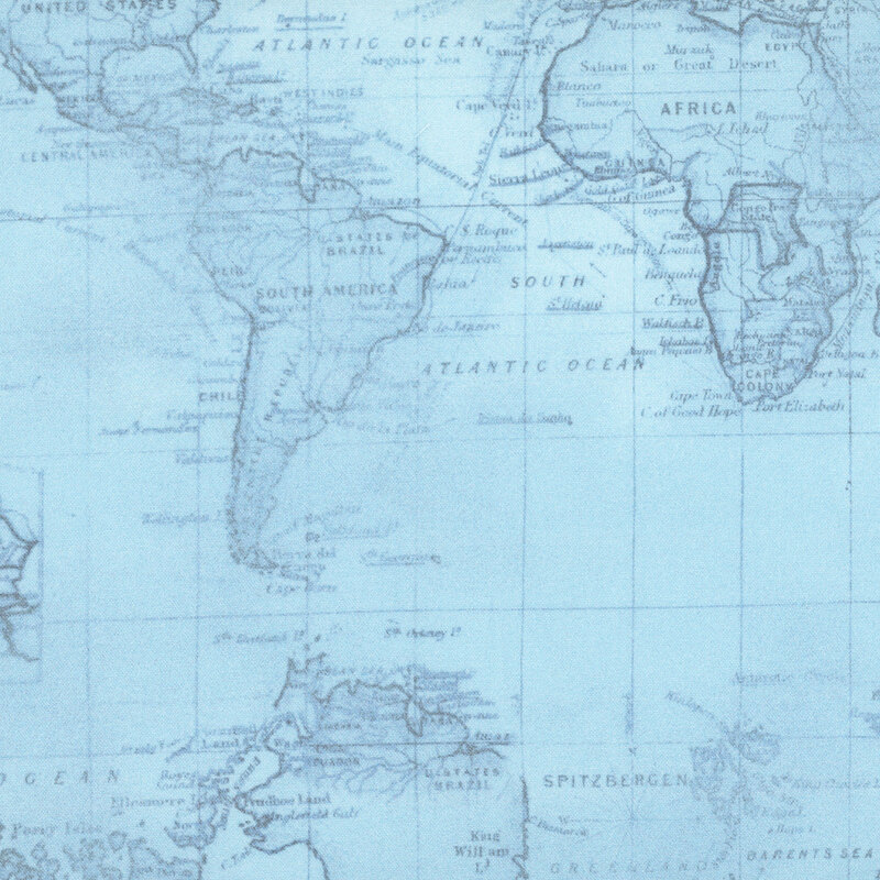 world map design with geographical details and delicate lettering in muted gray tones against a soft blue background.