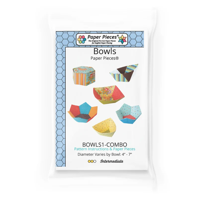 Package of English paper piecing instructions and paper pieces illustrated with six colorful three-dimensional fabric bowls in assorted geometric shapes.
