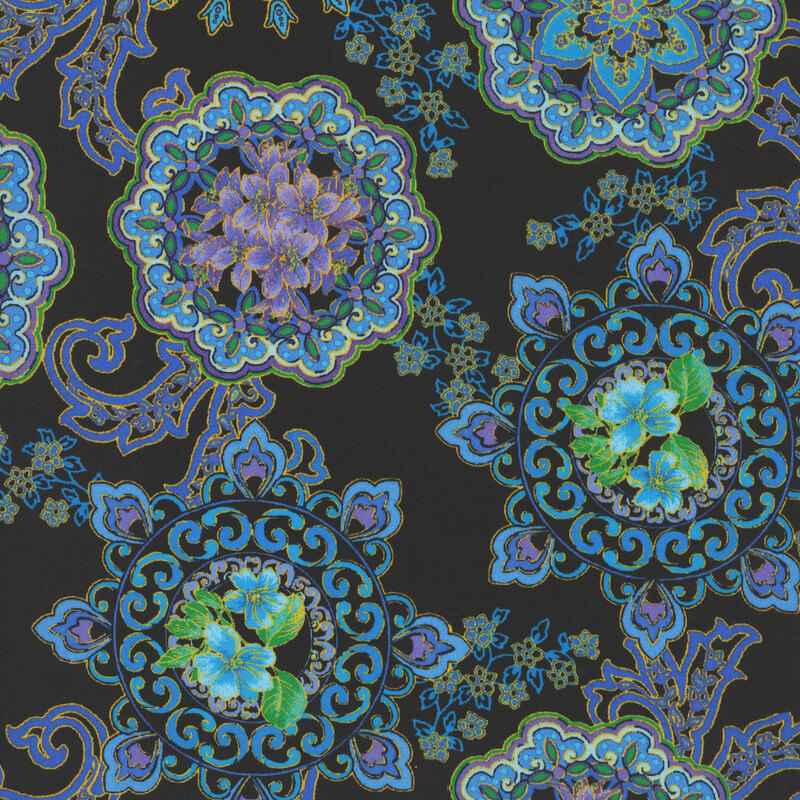 Ornate floral medallions and intricate swirling motifs in rich shades of blue, purple, and green, accented with delicate gold details against a deep black background.