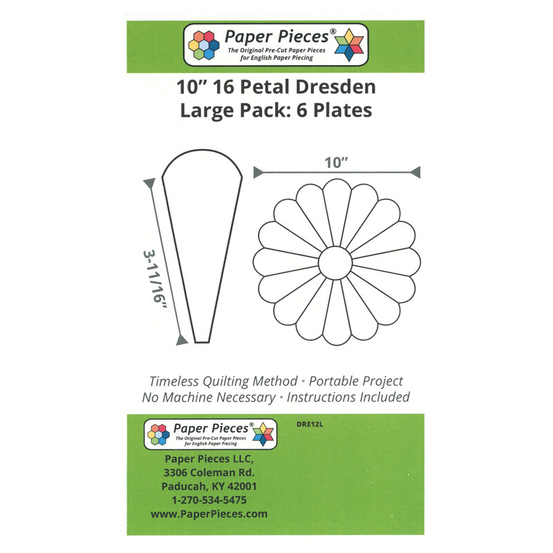 Pack of white wedge-shaped paper pieces arranged for creating 16-petal Dresden quilt blocks.