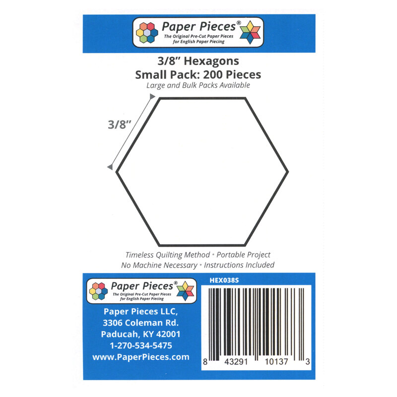 Black outline of a 3/8-inch hexagon on a white background with product details and barcode.