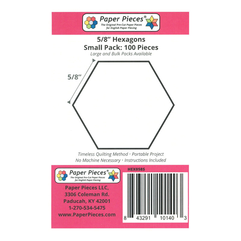 Black outline of a 5/8-inch hexagon on a white background with product details and barcode.