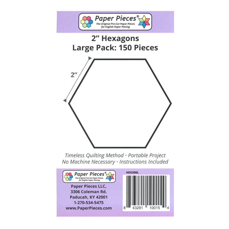 Black outline of a 2-inch hexagon on a white background with product details and barcode.