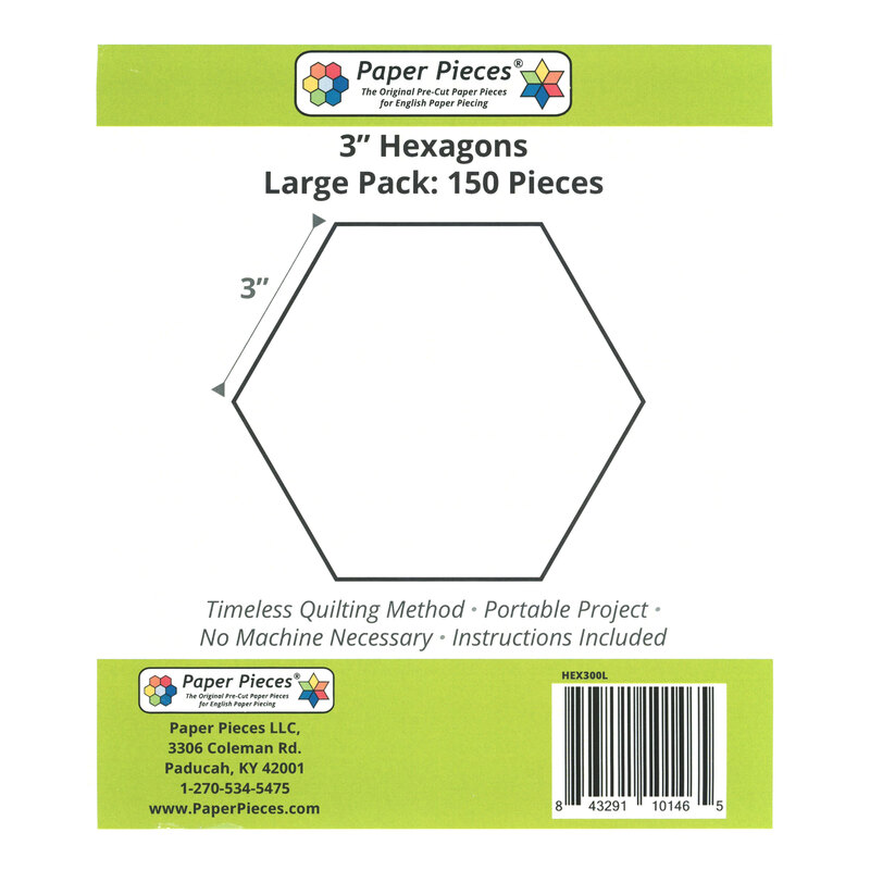 Black outline of a 3-inch hexagon on a white background with product details and barcode.