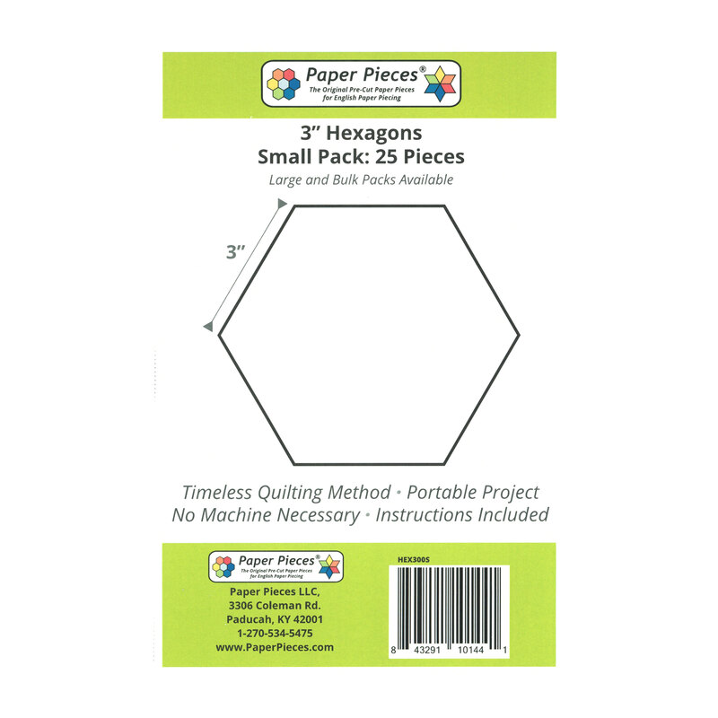 Black outline of a 3-inch hexagon on a white background with product details and barcode.