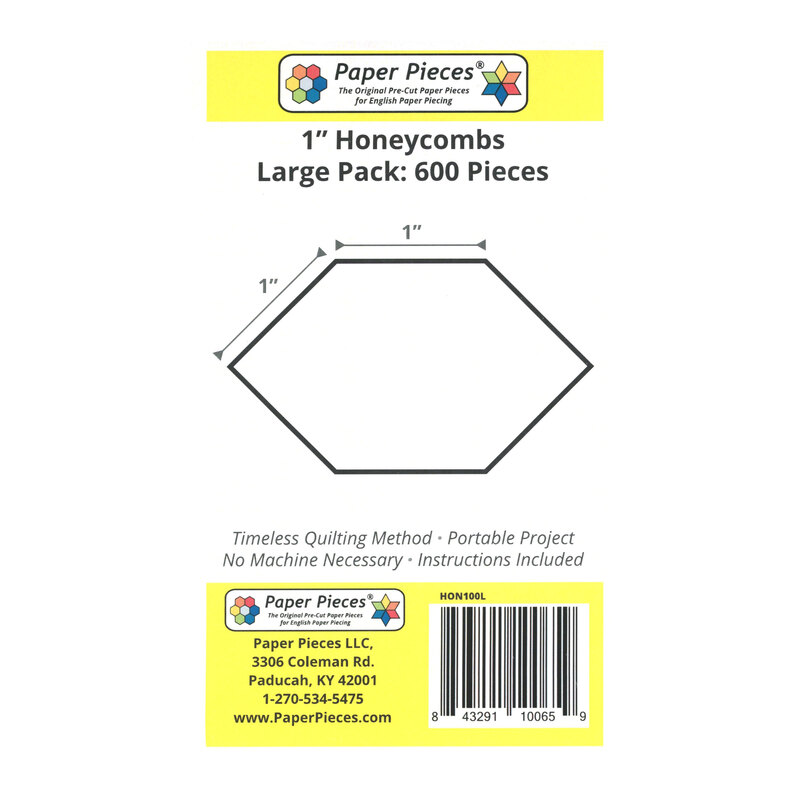 Black outline of a 1-inch honeycomb on a white background with product details and barcode.