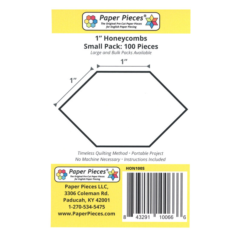 Black outline of a 1-inch honeycomb on a white background with product details and barcode.