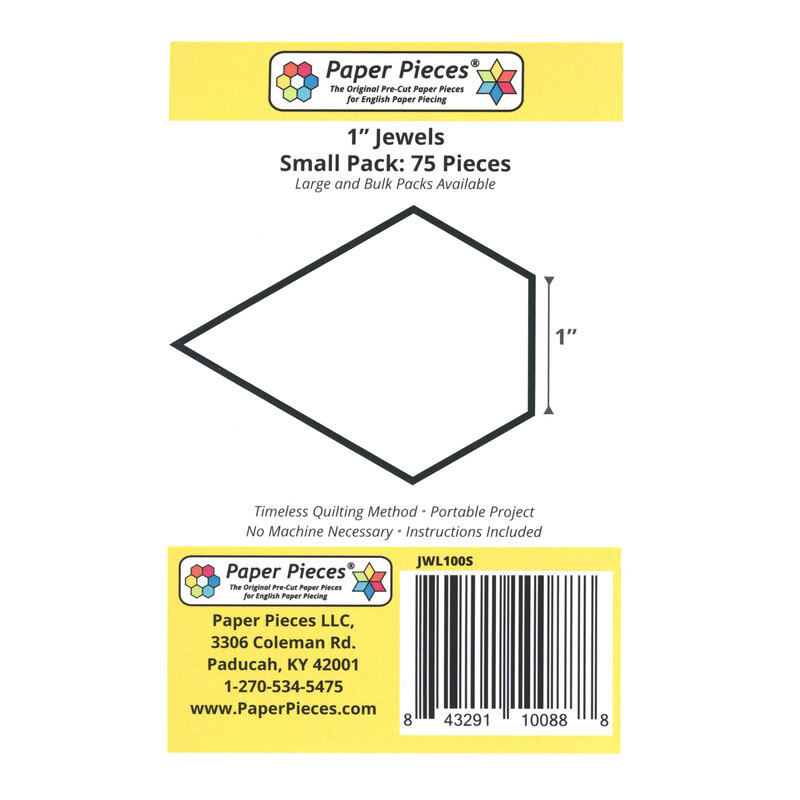 Black outline of a 1-inch jewel on a white background with product details and barcode.