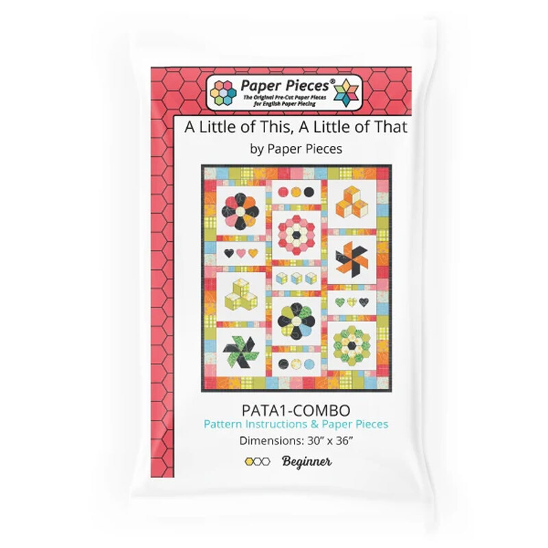 Colorful sampler quilt with flower, heart, cube, hexagon, and pinwheel blocks arranged in three columns with bright patchwork sashing and a dark outer border.