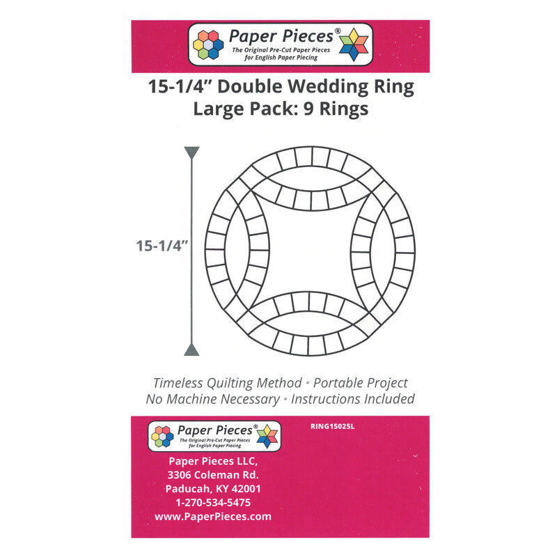 Package graphic showing a circular Double Wedding Ring quilt block.