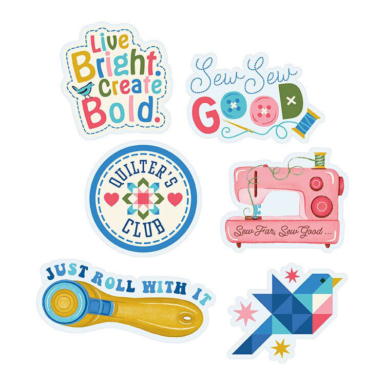 image of six playful sewing and quilting-themed stickers, including inspirational sayings, a sewing machine, rotary cutter, patchwork bird, and quilt-inspired motifs