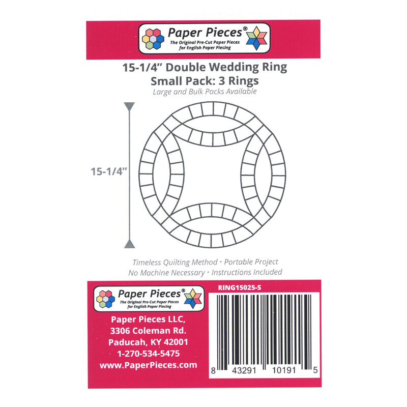 Package graphic showing a circular Double Wedding Ring quilt block.
