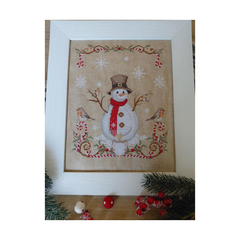Photo of the finished pattern placed in a white frame lying with pine boughs on a wooden table.
