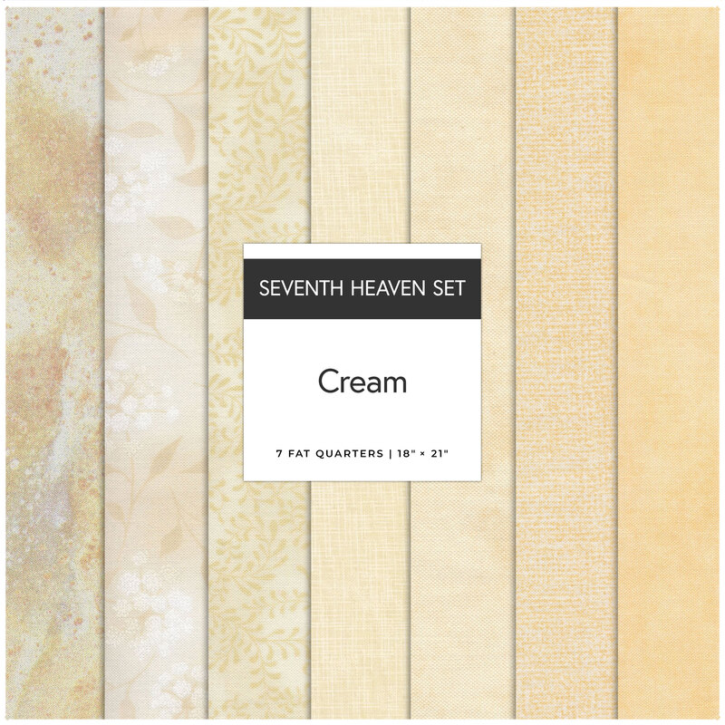 A collage of 7 cream fabrics in the Cream seventh heaven set