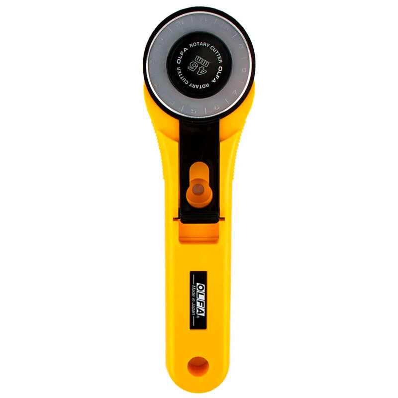 Yellow rotary cutter with a circular blade and safety lock, designed for precise cutting.