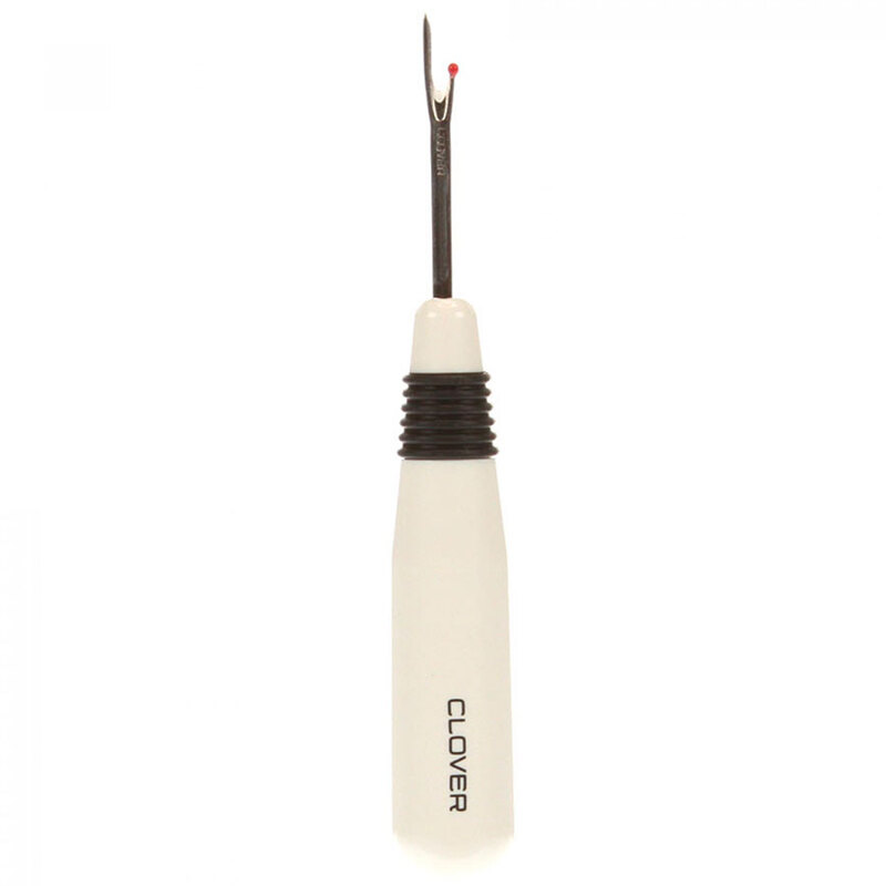 A seam ripper with a white handle and a pointed metal tip, featuring a red ball at its end.